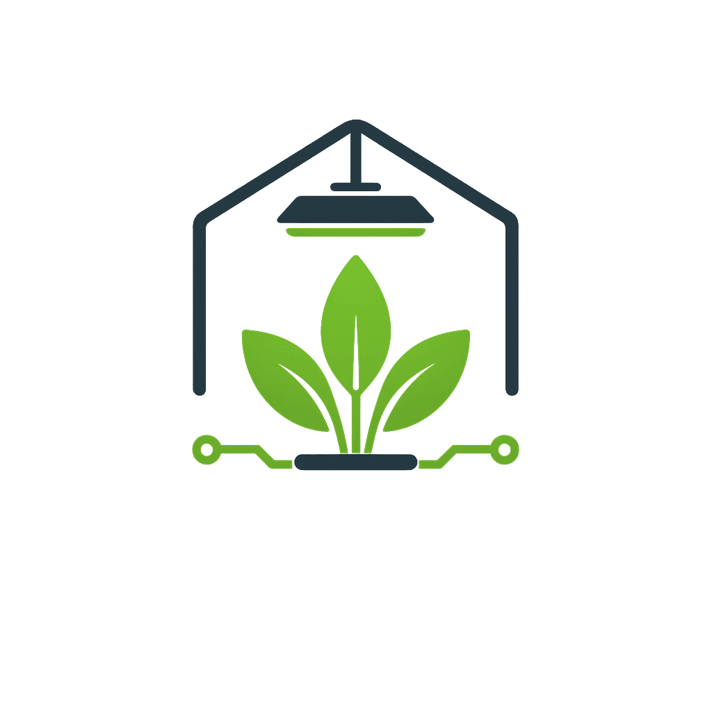 Logo Indoor Smart Grow com planta sob uma luminária